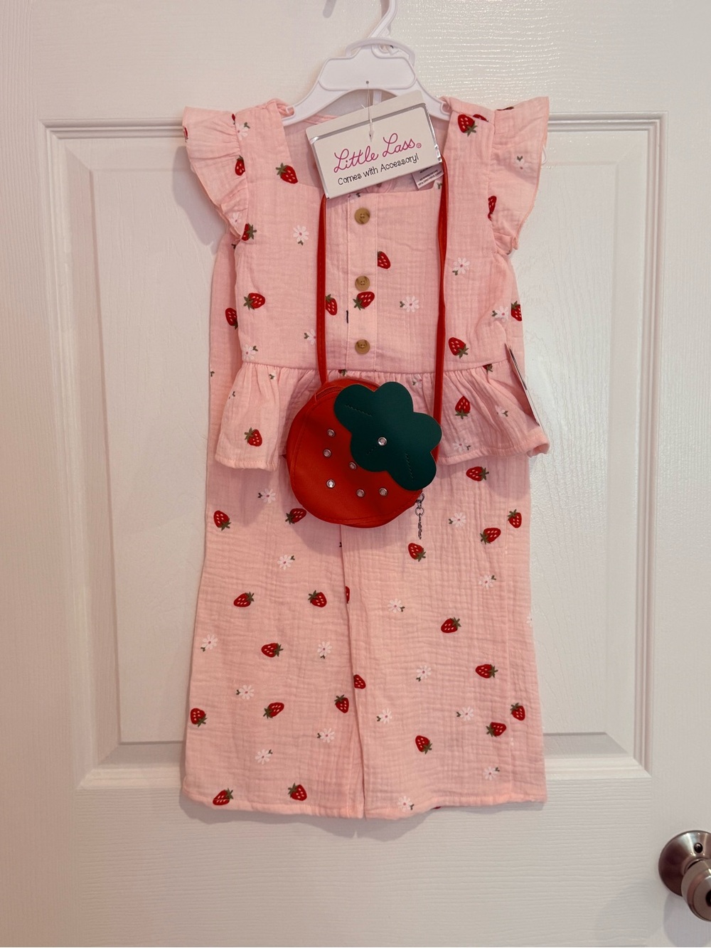 Little Lass Pink And Strawberry Two-Piece set with Red Strawberry Purse